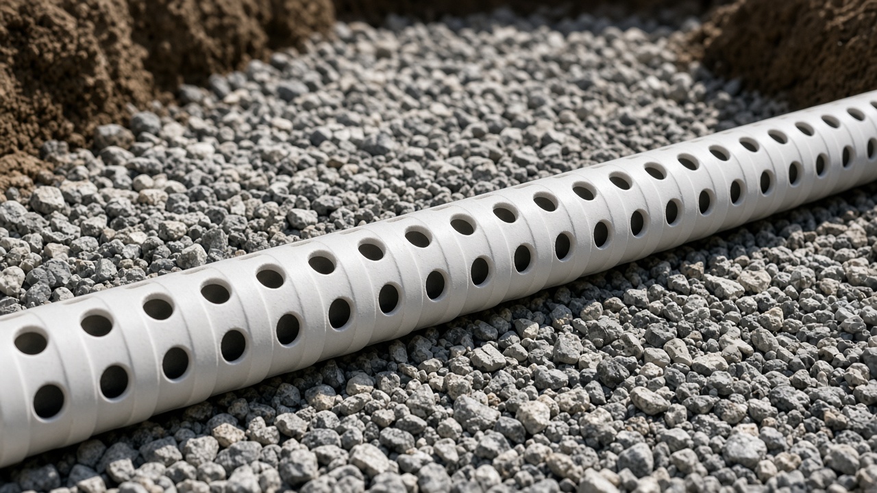 Close up of a perforated pipe resting on gravel