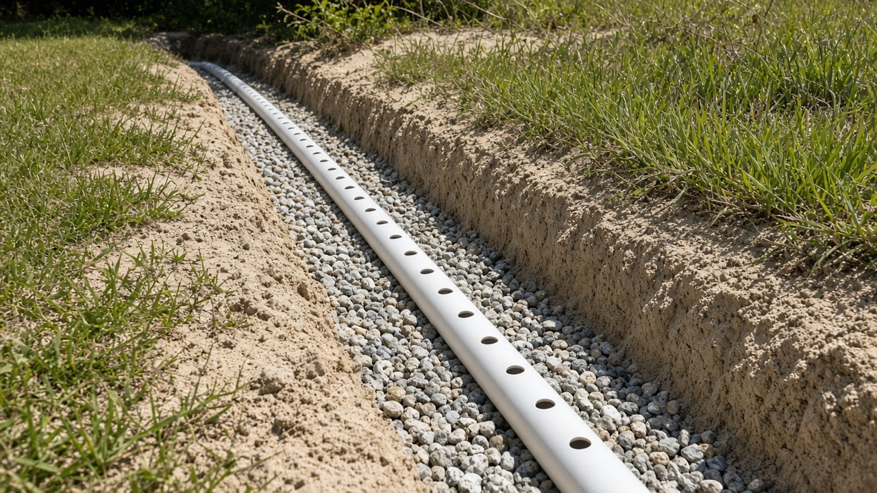 Perforated drain field pipe laid on gravel in a trench