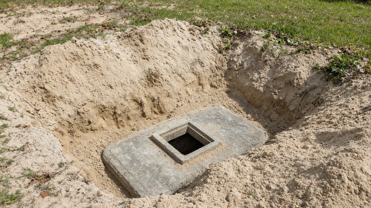 Dug out concrete septic tank opening in sandy soil
