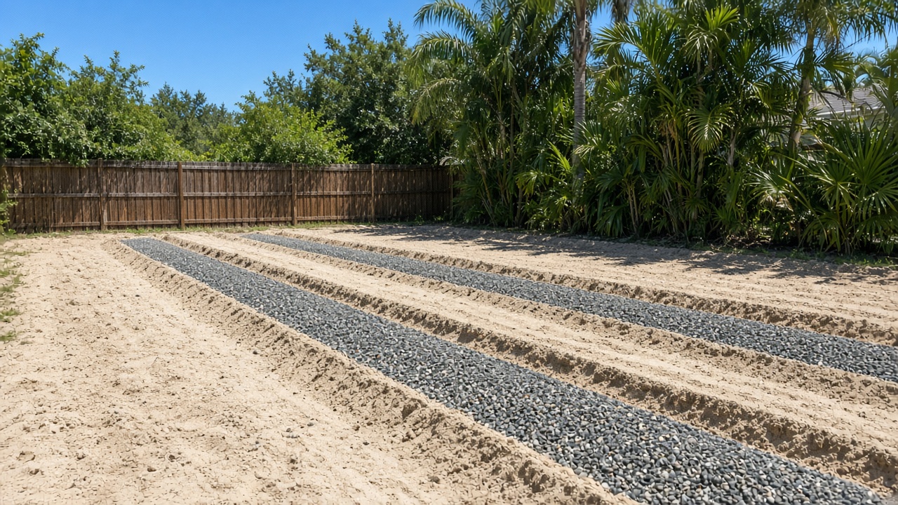 New drain field with gravel rows in a fenced backyard