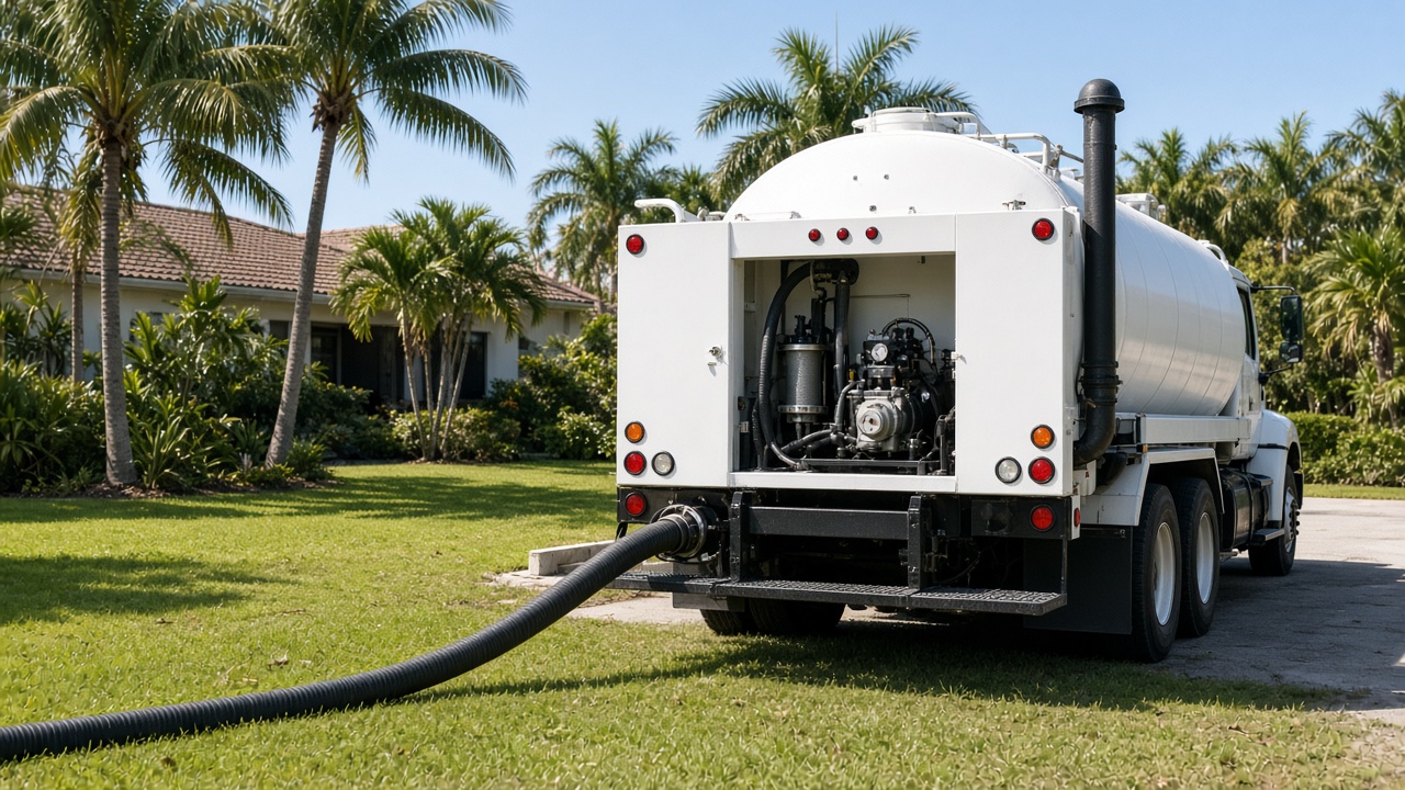 Rear of a septic vacuum truck with its hose laid on the lawn
