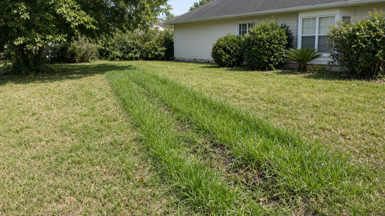 Strips of greener grass growing over a drain field