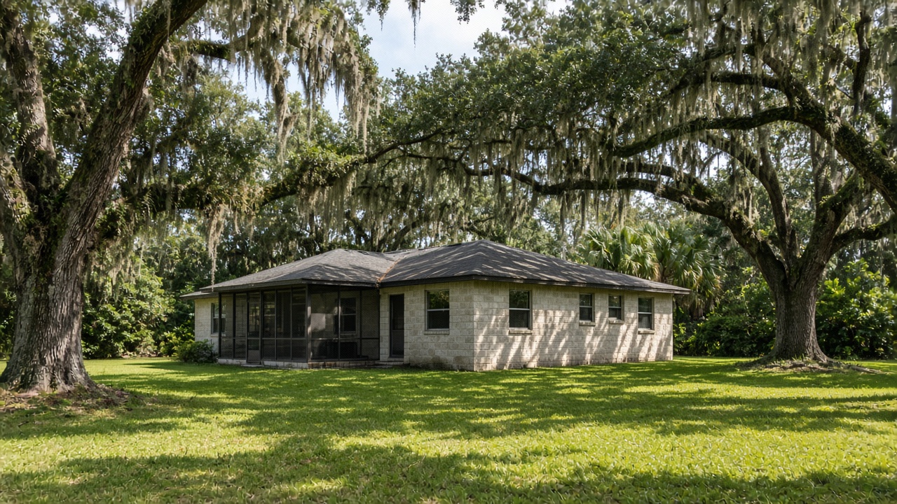 Block home on a shaded lawn under moss covered oak trees