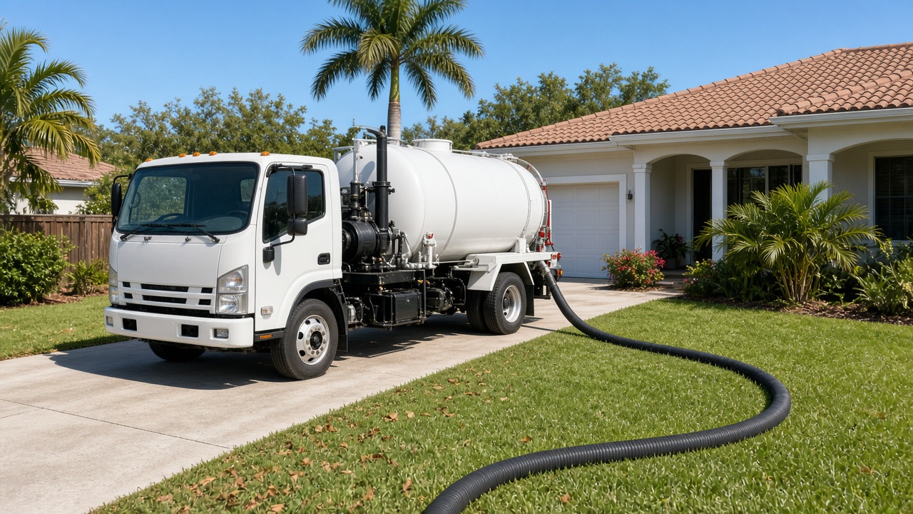 Septic vacuum truck in a driveway with its hose across the lawn